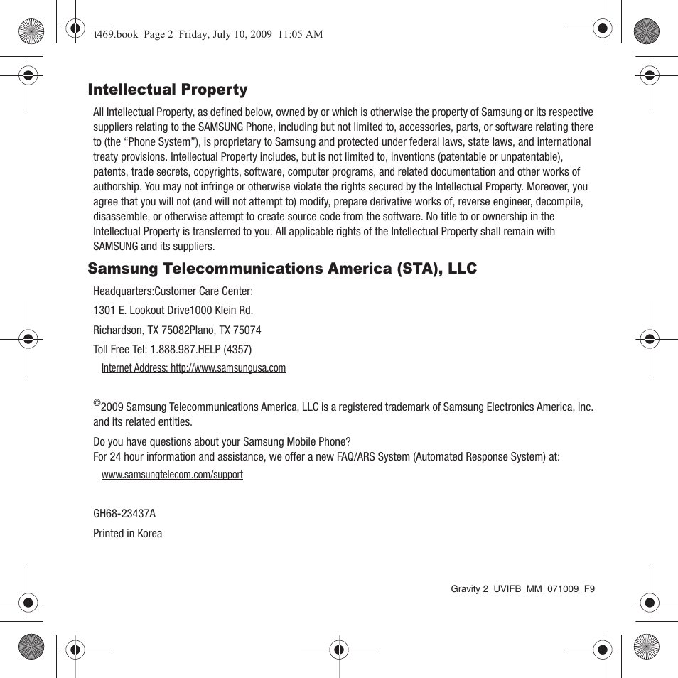 Intellectual property, Samsung telecommunications america (sta), llc | Samsung SGH-T469DAATMB User Manual | Page 2 / 162