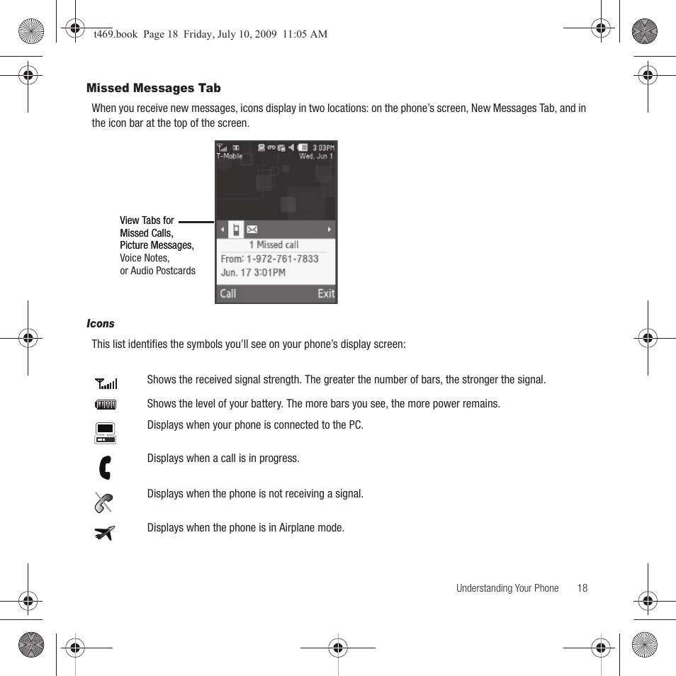 Missed messages tab | Samsung SGH-T469DAATMB User Manual | Page 21 / 162