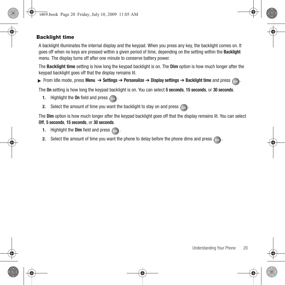 Backlight time | Samsung SGH-T469DAATMB User Manual | Page 23 / 162