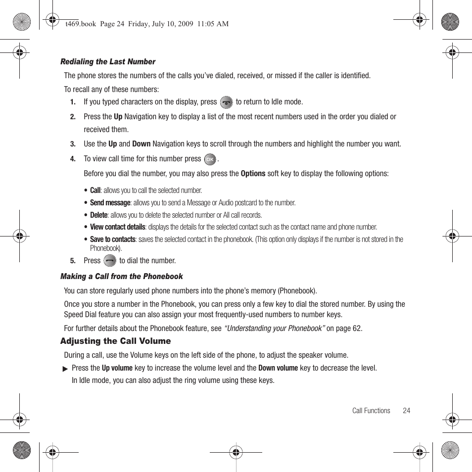 Adjusting the call volume | Samsung SGH-T469DAATMB User Manual | Page 27 / 162