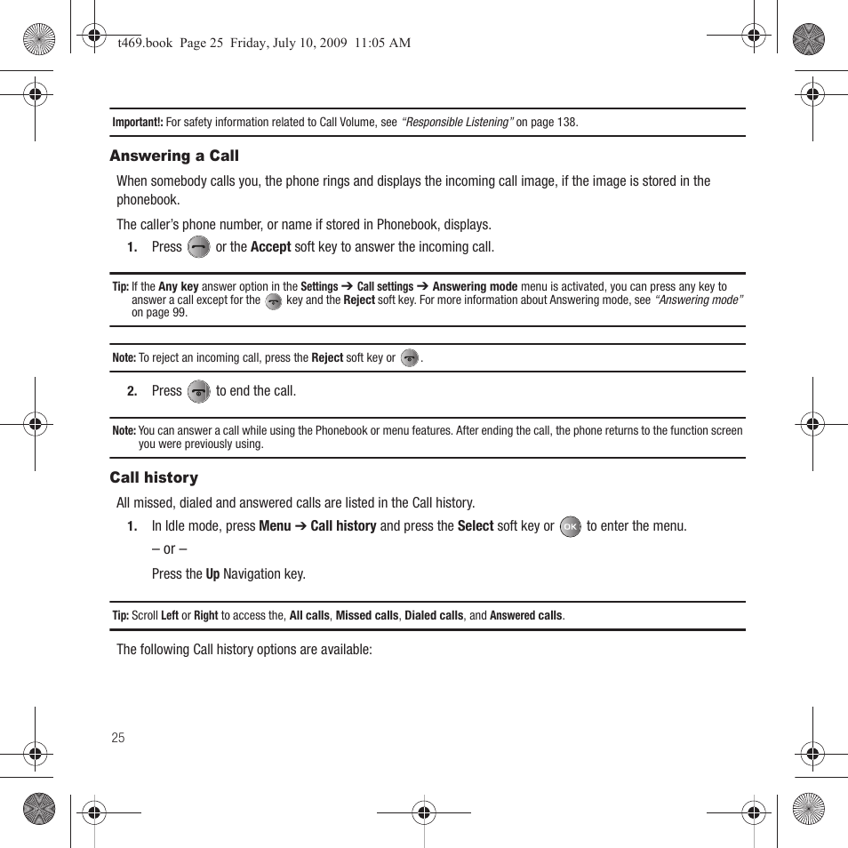 Answering a call, Call history, Answering a call call history | Samsung SGH-T469DAATMB User Manual | Page 28 / 162