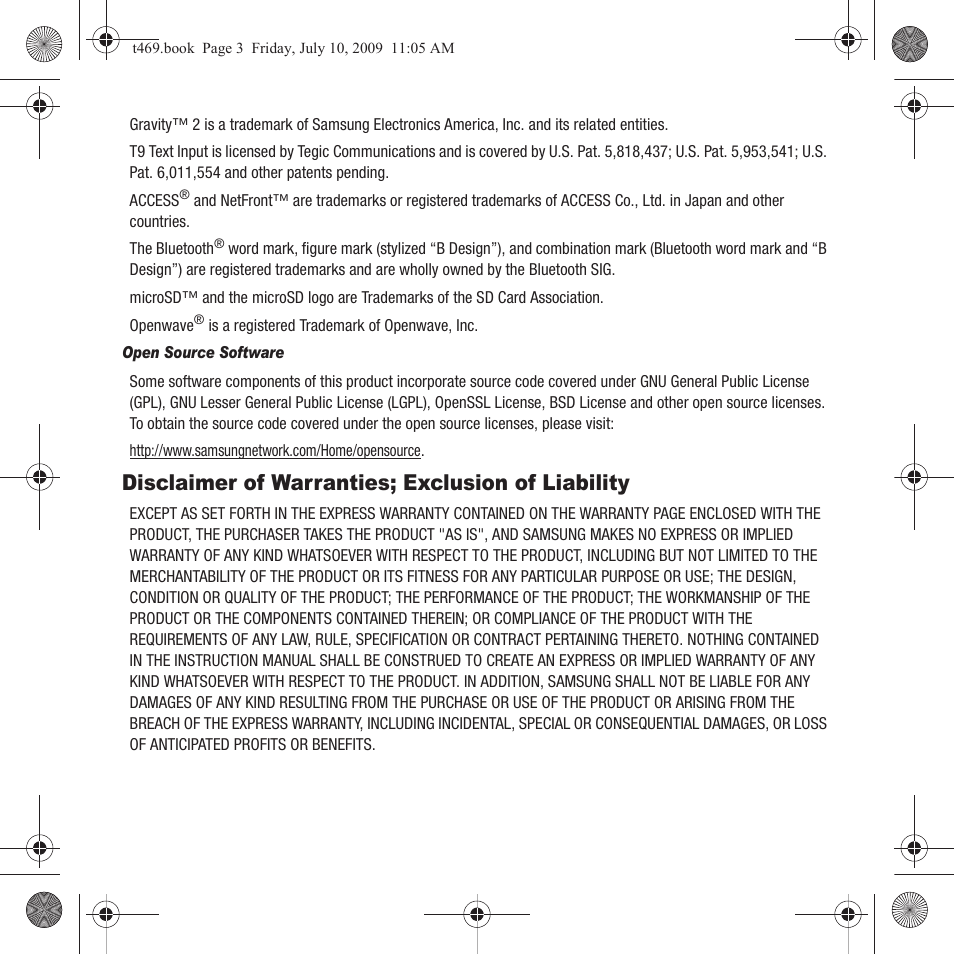 Disclaimer of warranties; exclusion of liability | Samsung SGH-T469DAATMB User Manual | Page 3 / 162
