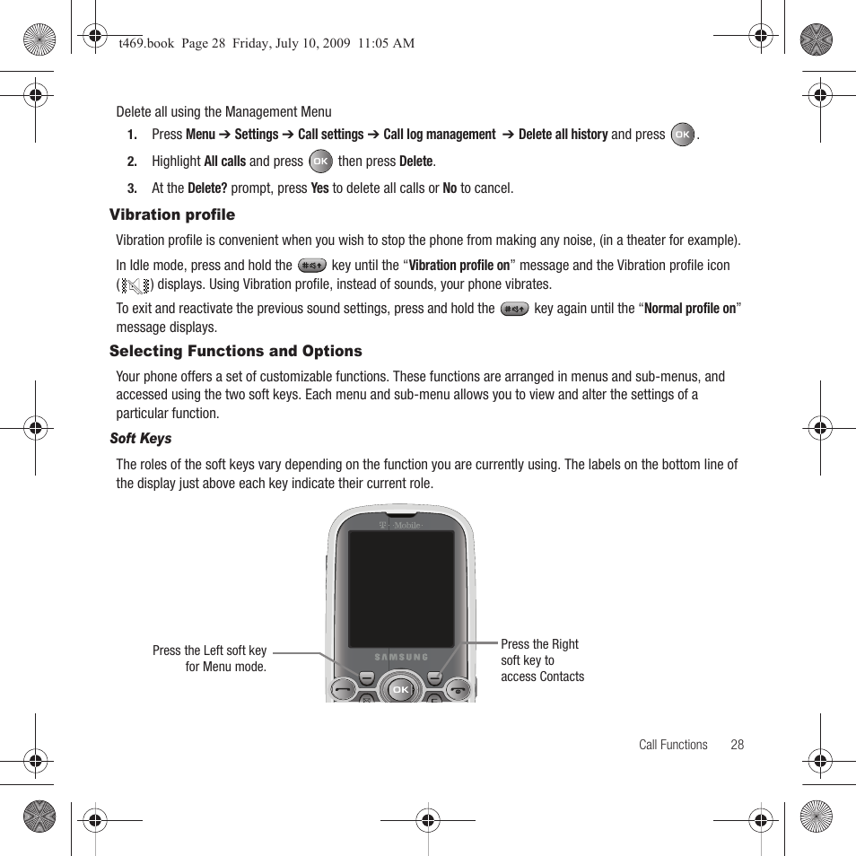 Vibration profile, Selecting functions and options, Vibration profile selecting functions and options | Samsung SGH-T469DAATMB User Manual | Page 31 / 162