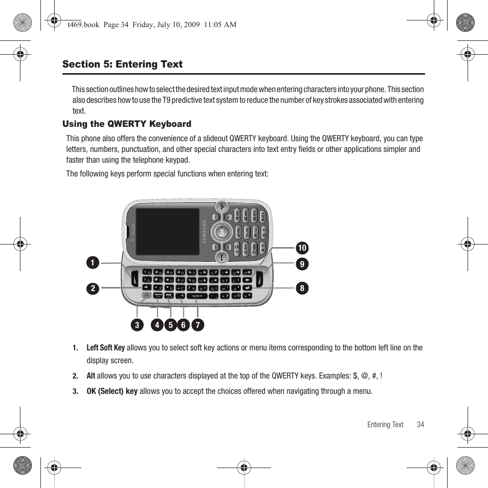 Section 5: entering text, Using the qwerty keyboard | Samsung SGH-T469DAATMB User Manual | Page 37 / 162