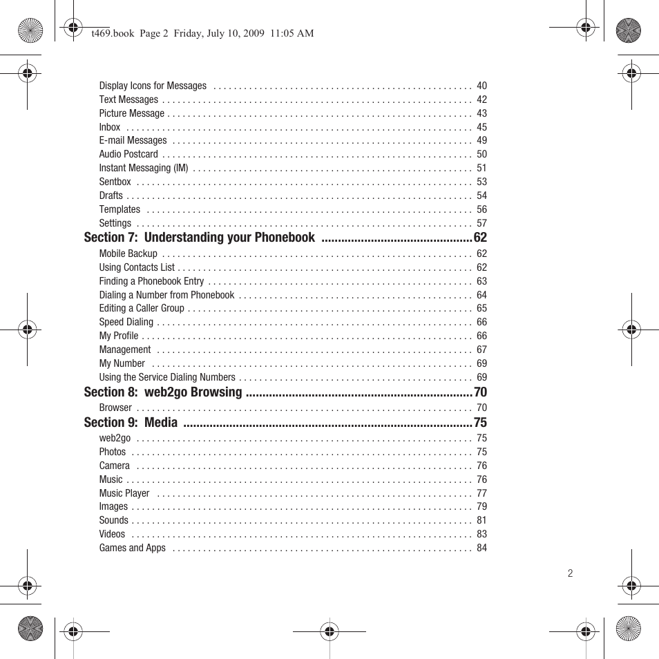 Section 7: understanding your phonebook 62, Section 8: web2go browsing 70, Section 9: media 75 | Samsung SGH-T469DAATMB User Manual | Page 5 / 162