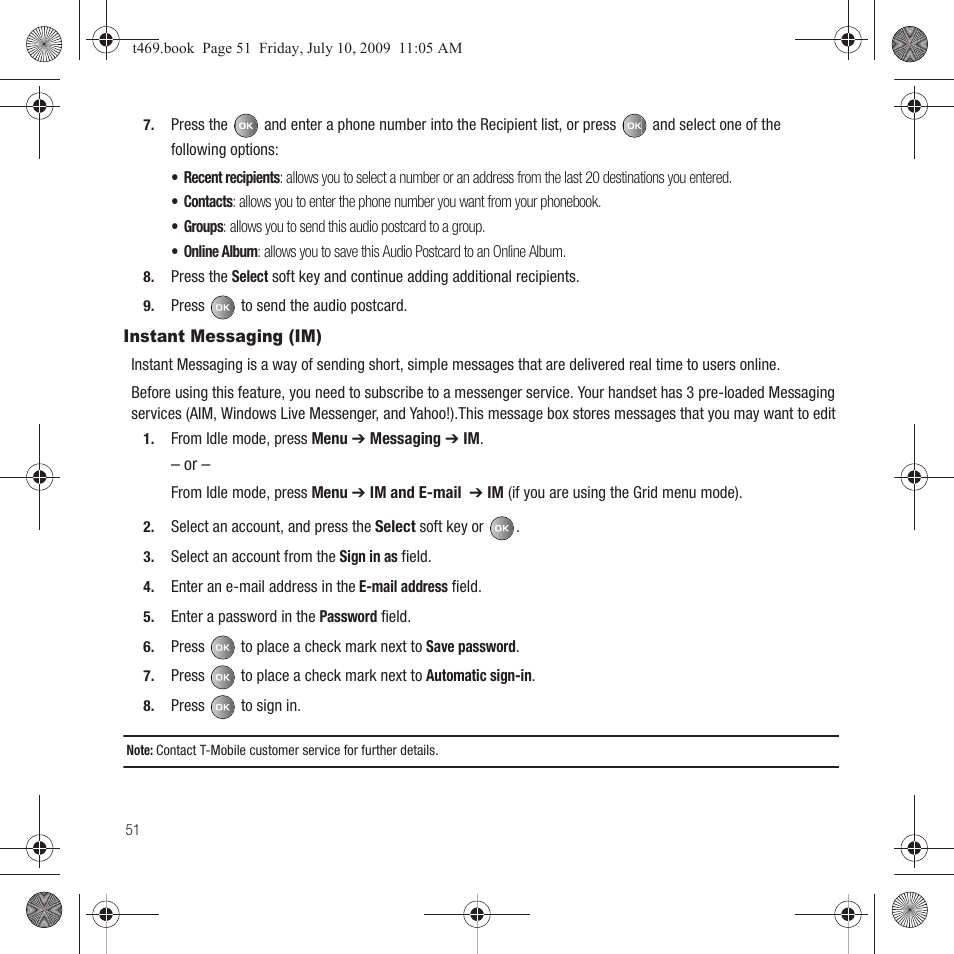 Instant messaging (im) | Samsung SGH-T469DAATMB User Manual | Page 54 / 162