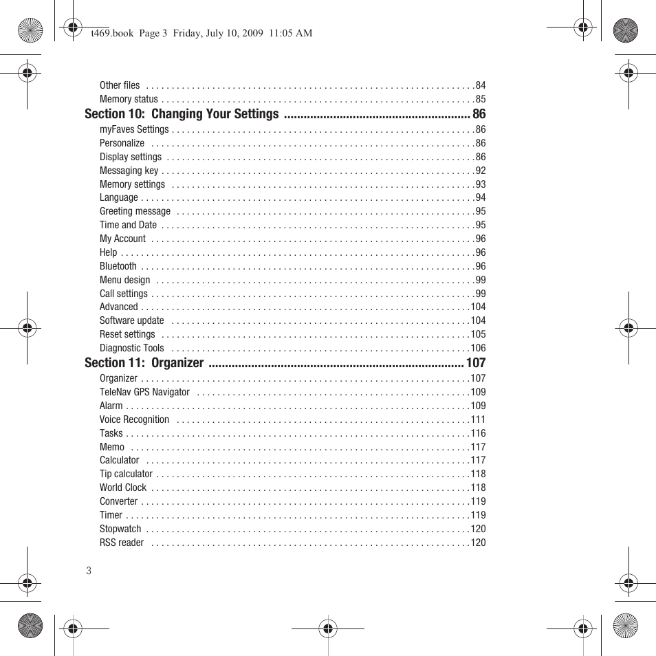 Section 10: changing your settings 86, Section 11: organizer 107 | Samsung SGH-T469DAATMB User Manual | Page 6 / 162