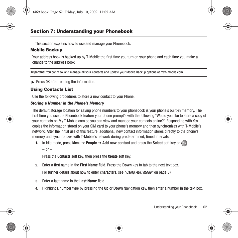 Section 7: understanding your phonebook, Mobile backup, Using contacts list | Mobile backup using contacts list | Samsung SGH-T469DAATMB User Manual | Page 65 / 162