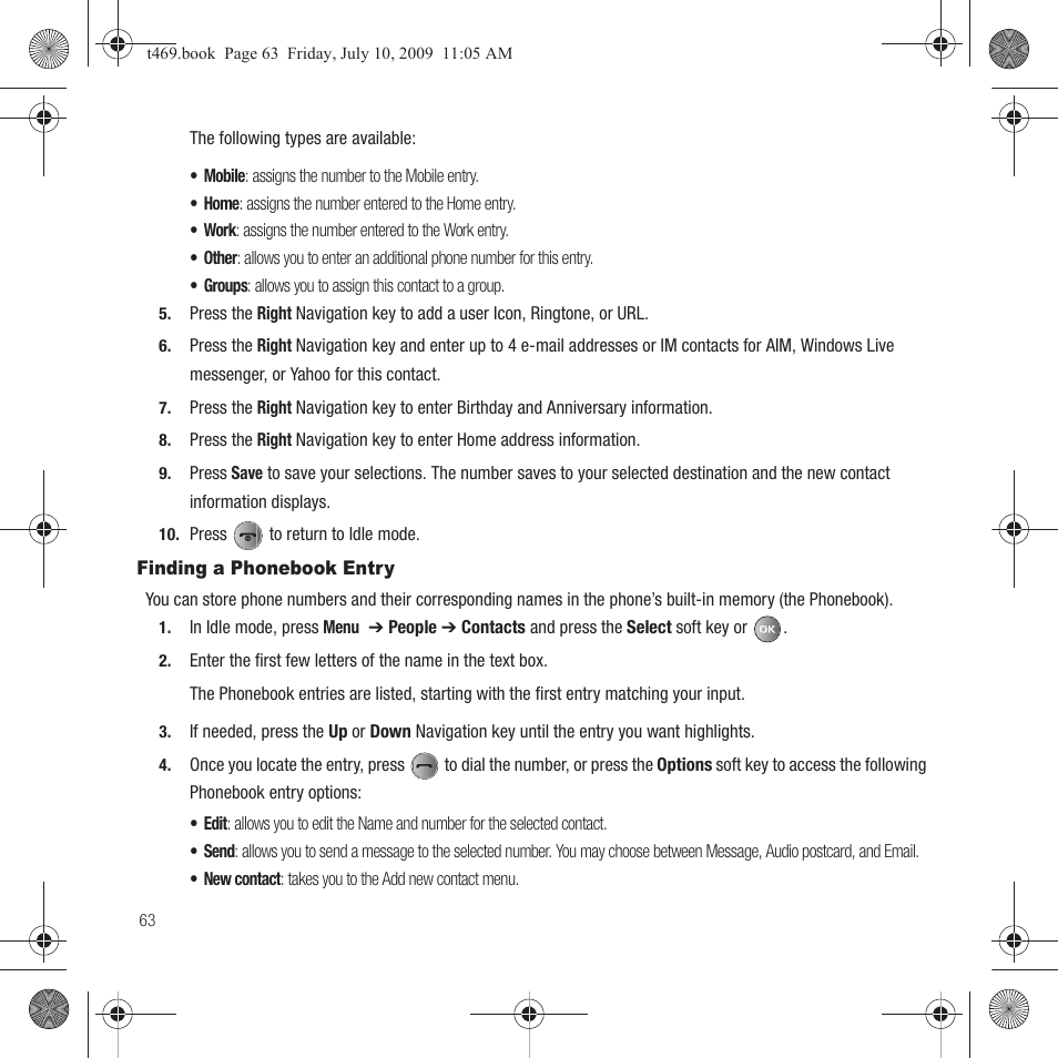 Finding a phonebook entry | Samsung SGH-T469DAATMB User Manual | Page 66 / 162