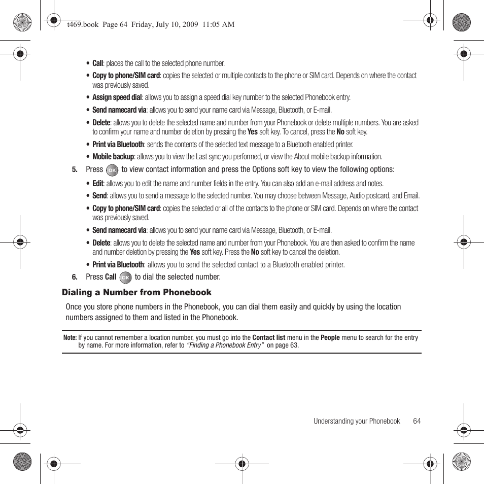 Dialing a number from phonebook | Samsung SGH-T469DAATMB User Manual | Page 67 / 162