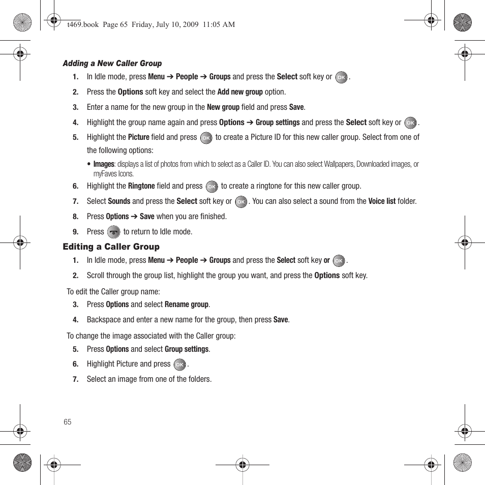 Editing a caller group | Samsung SGH-T469DAATMB User Manual | Page 68 / 162