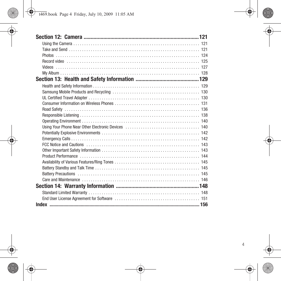 Section 12: camera 121, Section 13: health and safety information 129, Section 14: warranty information 148 | Samsung SGH-T469DAATMB User Manual | Page 7 / 162