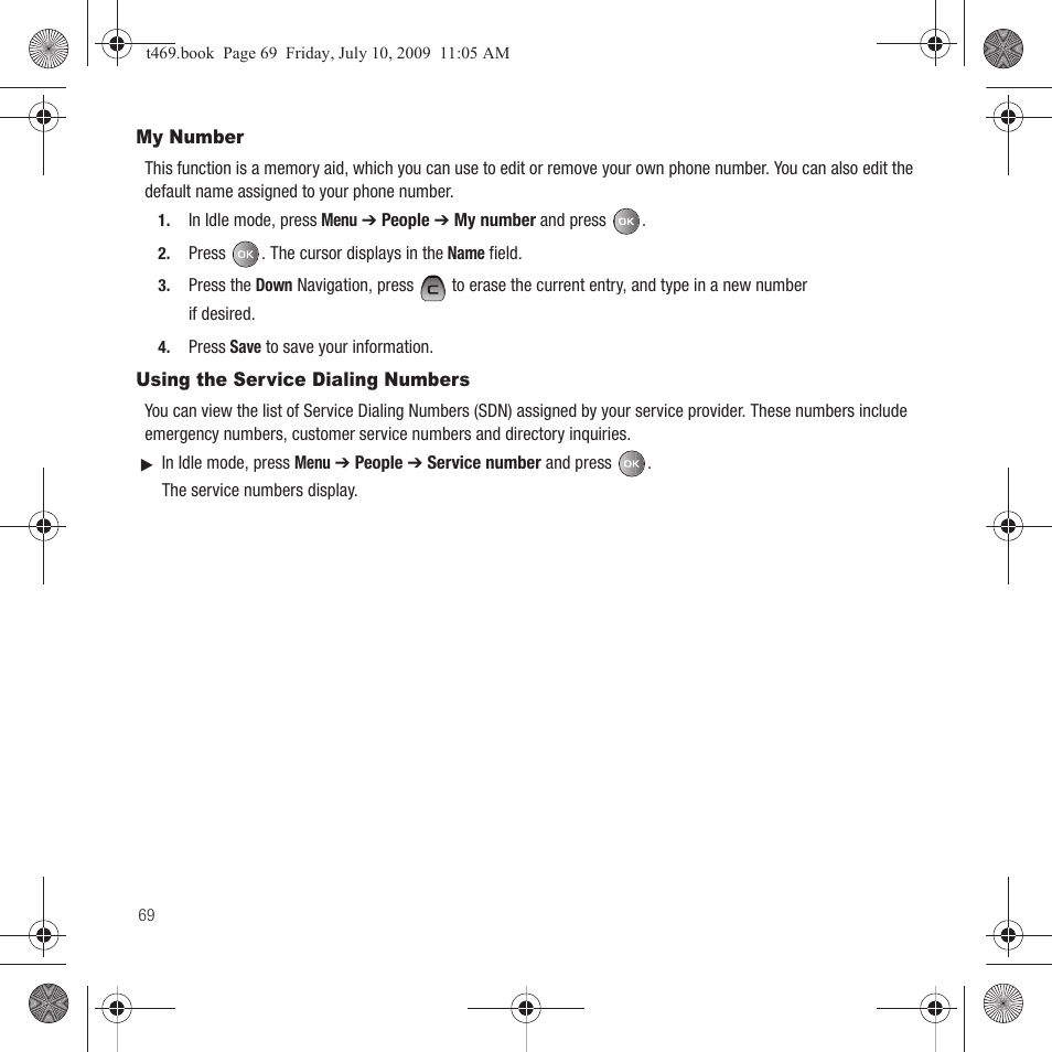 My number, Using the service dialing numbers, My number using the service dialing numbers | Samsung SGH-T469DAATMB User Manual | Page 72 / 162