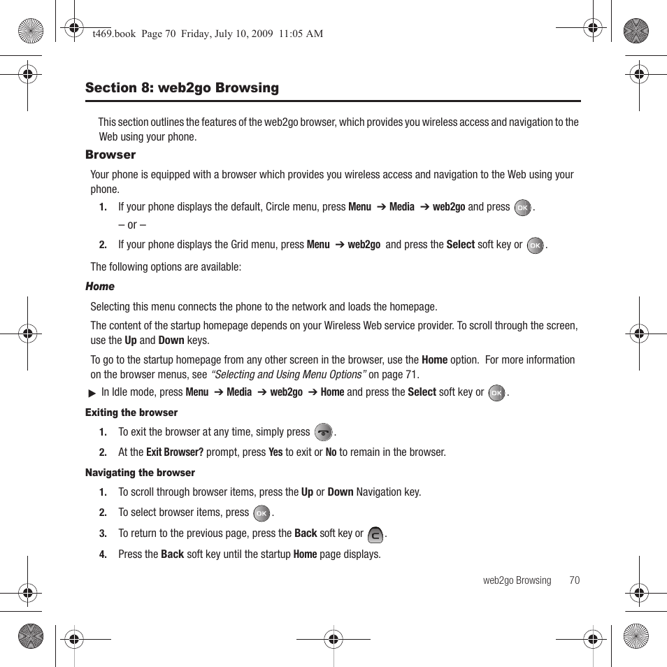 Section 8: web2go browsing, Browser | Samsung SGH-T469DAATMB User Manual | Page 73 / 162