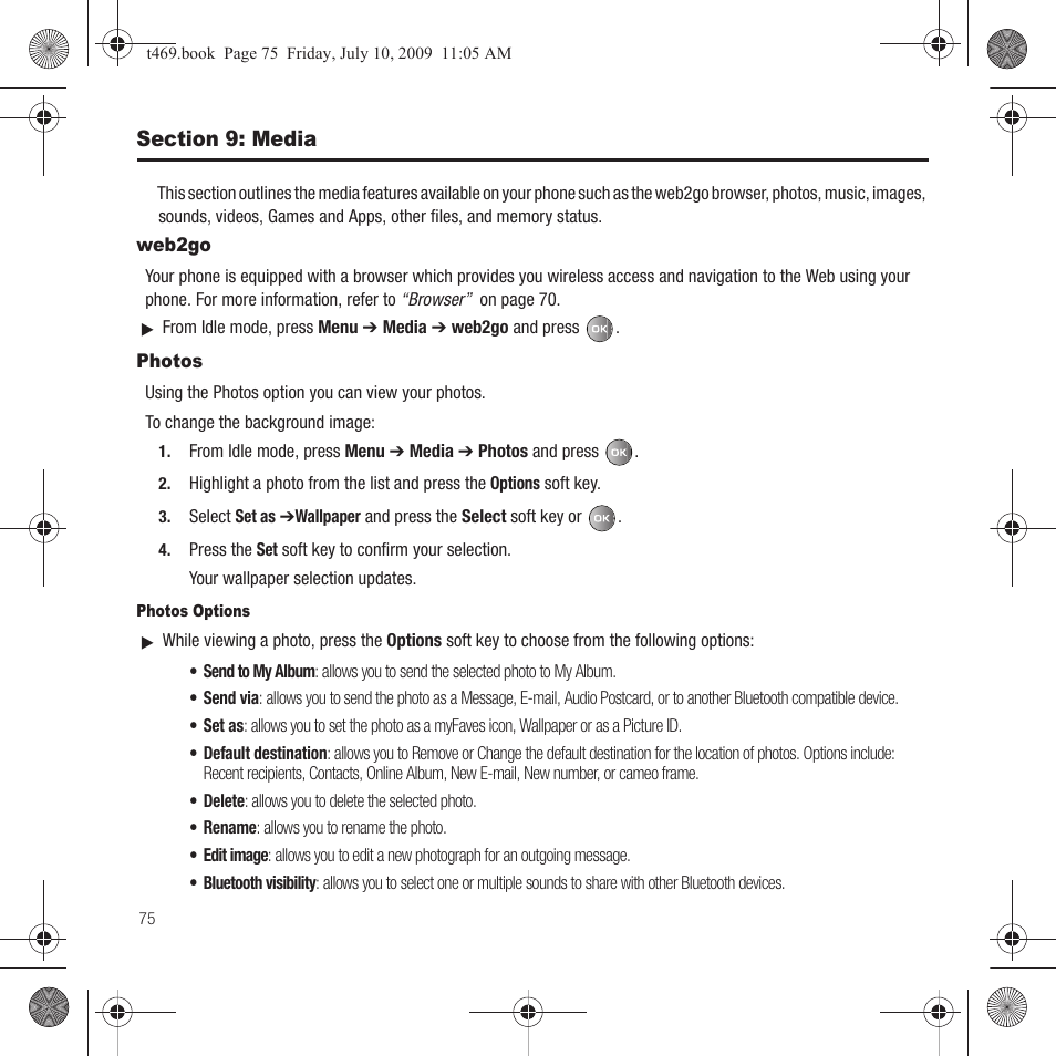 Section 9: media, Web2go, Photos | Web2go photos | Samsung SGH-T469DAATMB User Manual | Page 78 / 162