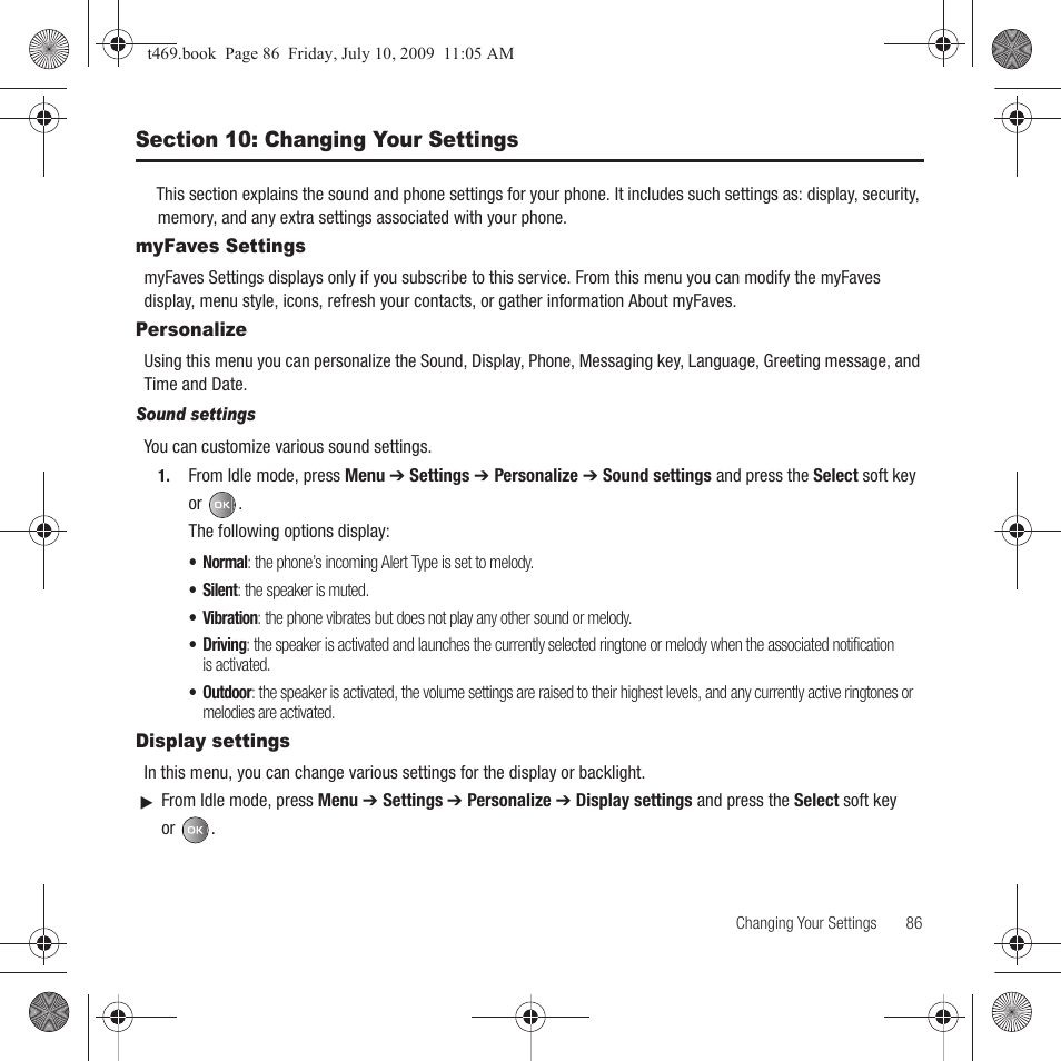 Section 10: changing your settings, Myfaves settings, Personalize | Display settings, Myfaves settings personalize display settings | Samsung SGH-T469DAATMB User Manual | Page 89 / 162