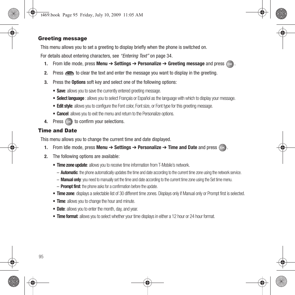 Greeting message, Time and date, Greeting message time and date | Samsung SGH-T469DAATMB User Manual | Page 98 / 162