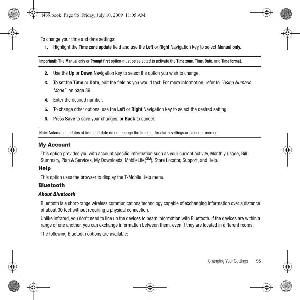 My account, Help, Bluetooth | My account help bluetooth | Samsung SGH-T469DAATMB User Manual | Page 99 / 162