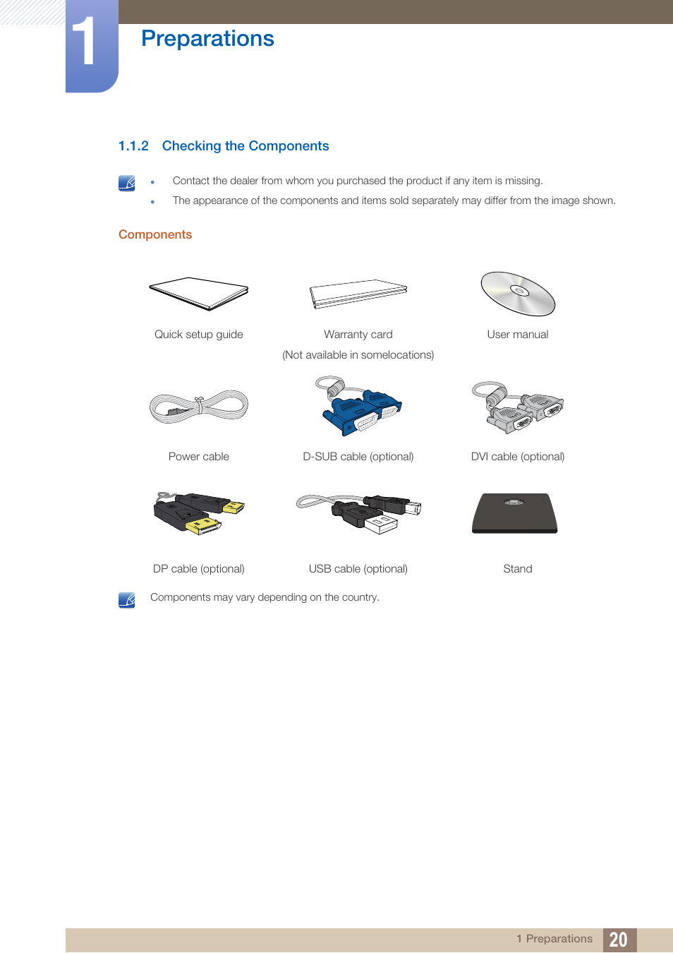 2 checking the components, Checking the components, Preparations | Samsung LS23C45KDSV-GO User Manual | Page 20 / 96