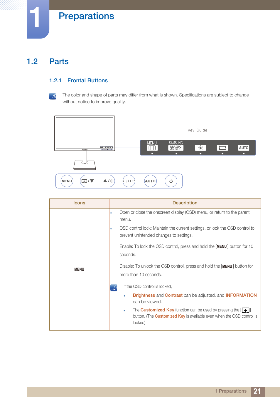 2 parts, 1 frontal buttons, Parts | Frontal buttons, Preparations | Samsung LS23C45KDSV-GO User Manual | Page 21 / 96