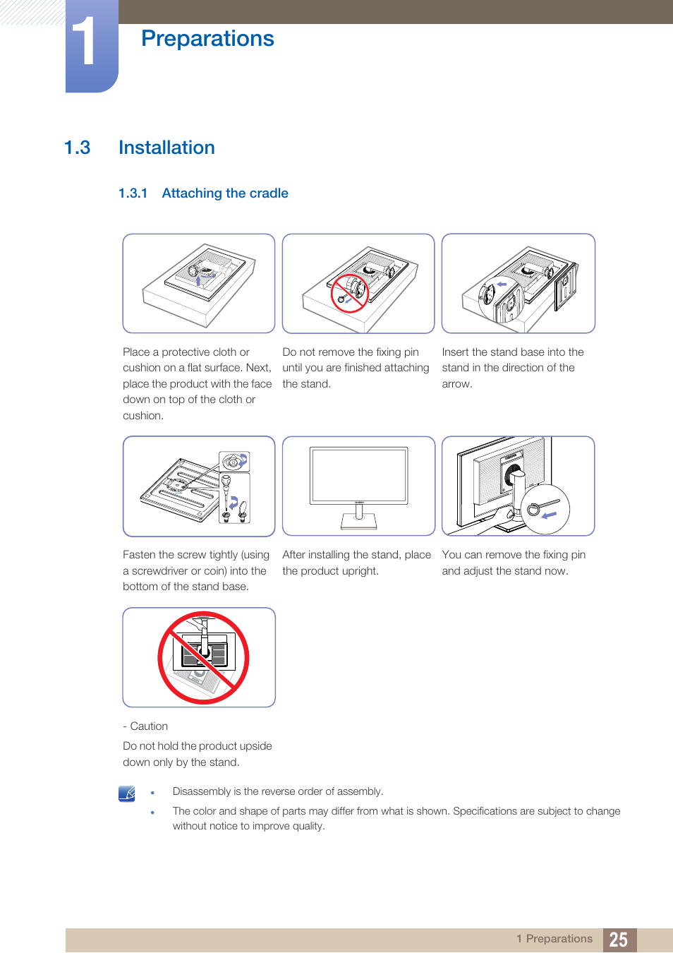 3 installation, 1 attaching the cradle, Installation | Attaching the cradle, Preparations | Samsung LS23C45KDSV-GO User Manual | Page 25 / 96