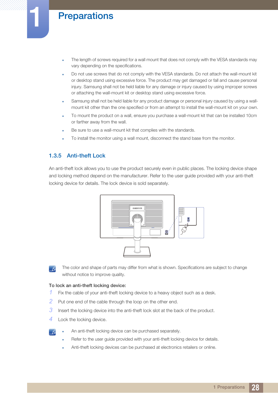 5 anti-theft lock, Anti-theft lock, Preparations | Samsung LS23C45KDSV-GO User Manual | Page 28 / 96