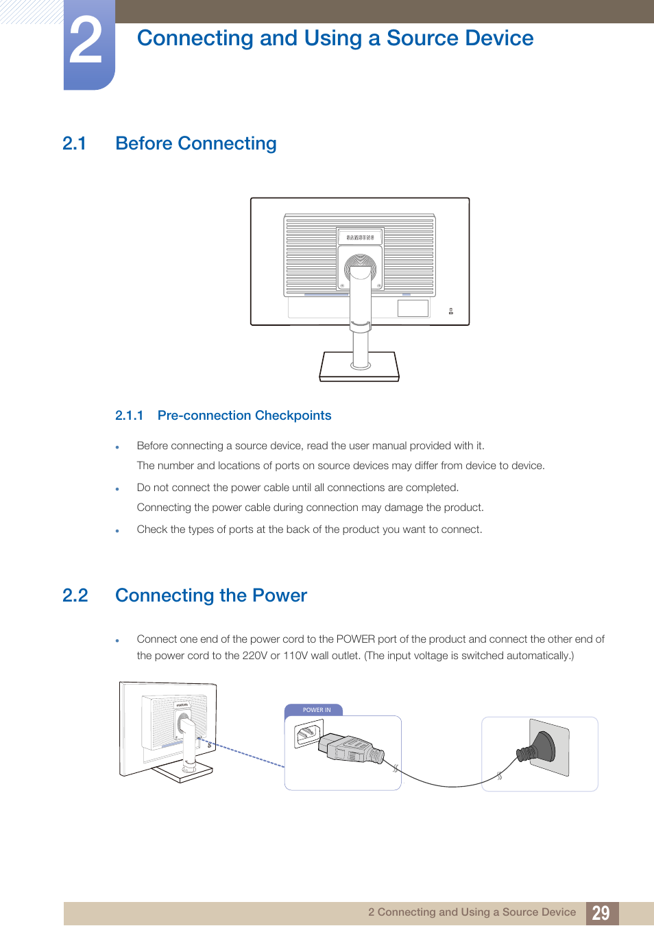 Connecting and using a source device, 1 before connecting, 1 pre-connection checkpoints | 2 connecting the power, Connecting and using, A source device, Before connecting, Pre-connection checkpoints, Connecting the power | Samsung LS23C45KDSV-GO User Manual | Page 29 / 96