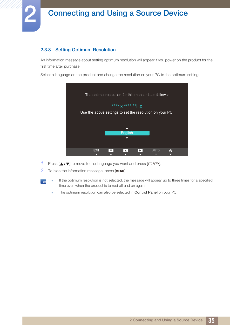 3 setting optimum resolution, Setting optimum resolution, Connecting and using a source device | Samsung LS23C45KDSV-GO User Manual | Page 35 / 96