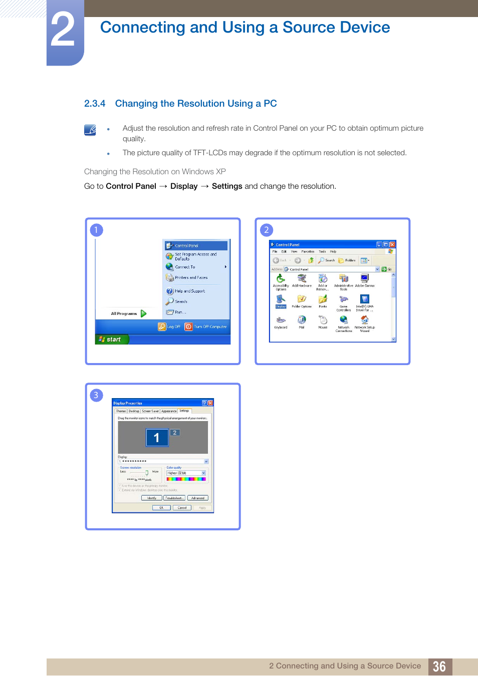 4 changing the resolution using a pc, Changing the resolution using a pc, Connecting and using a source device | Samsung LS23C45KDSV-GO User Manual | Page 36 / 96