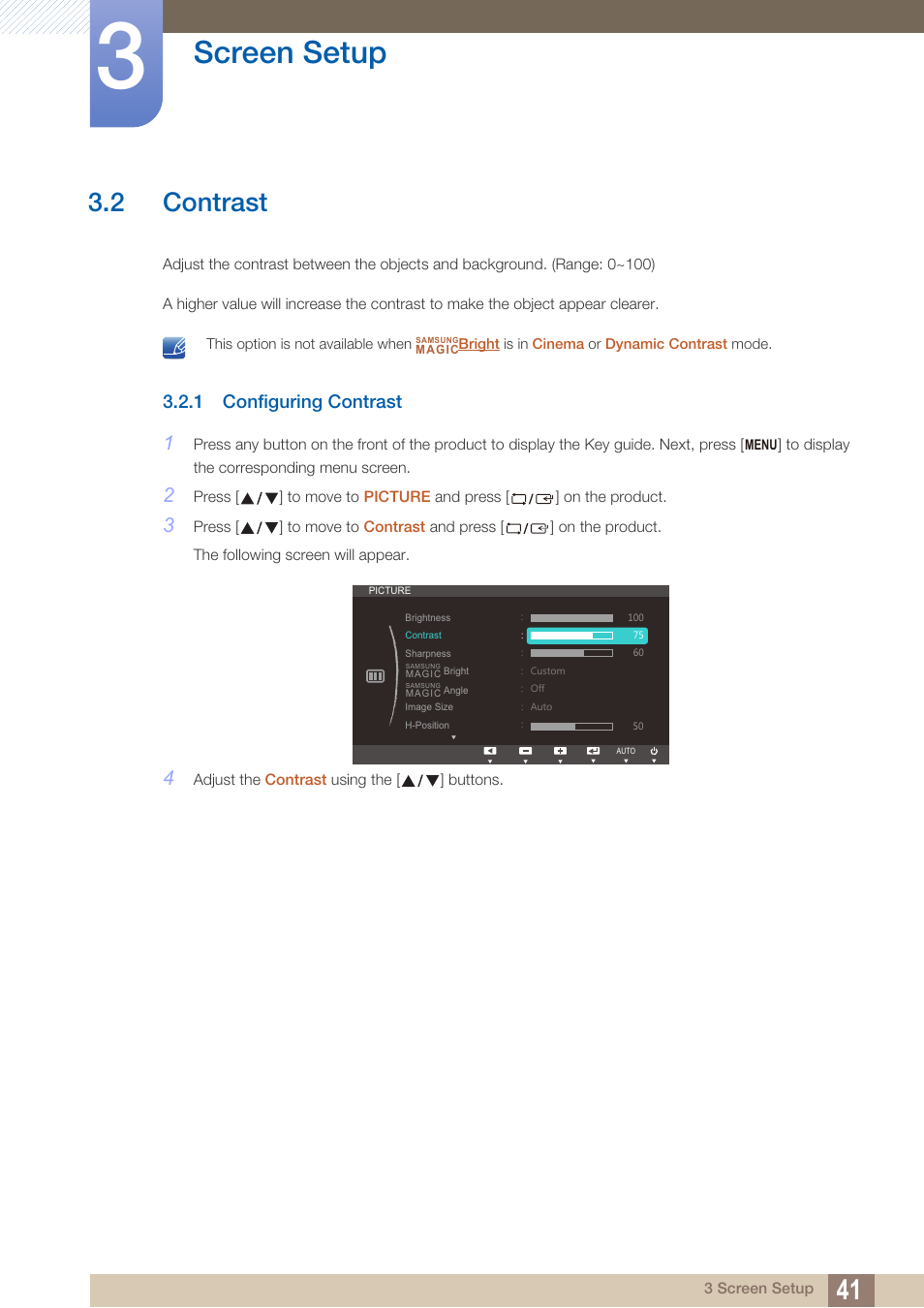 2 contrast, 1 configuring contrast, Contrast | Configuring contrast, Can be adjusted, and, Screen setup | Samsung LS23C45KDSV-GO User Manual | Page 41 / 96