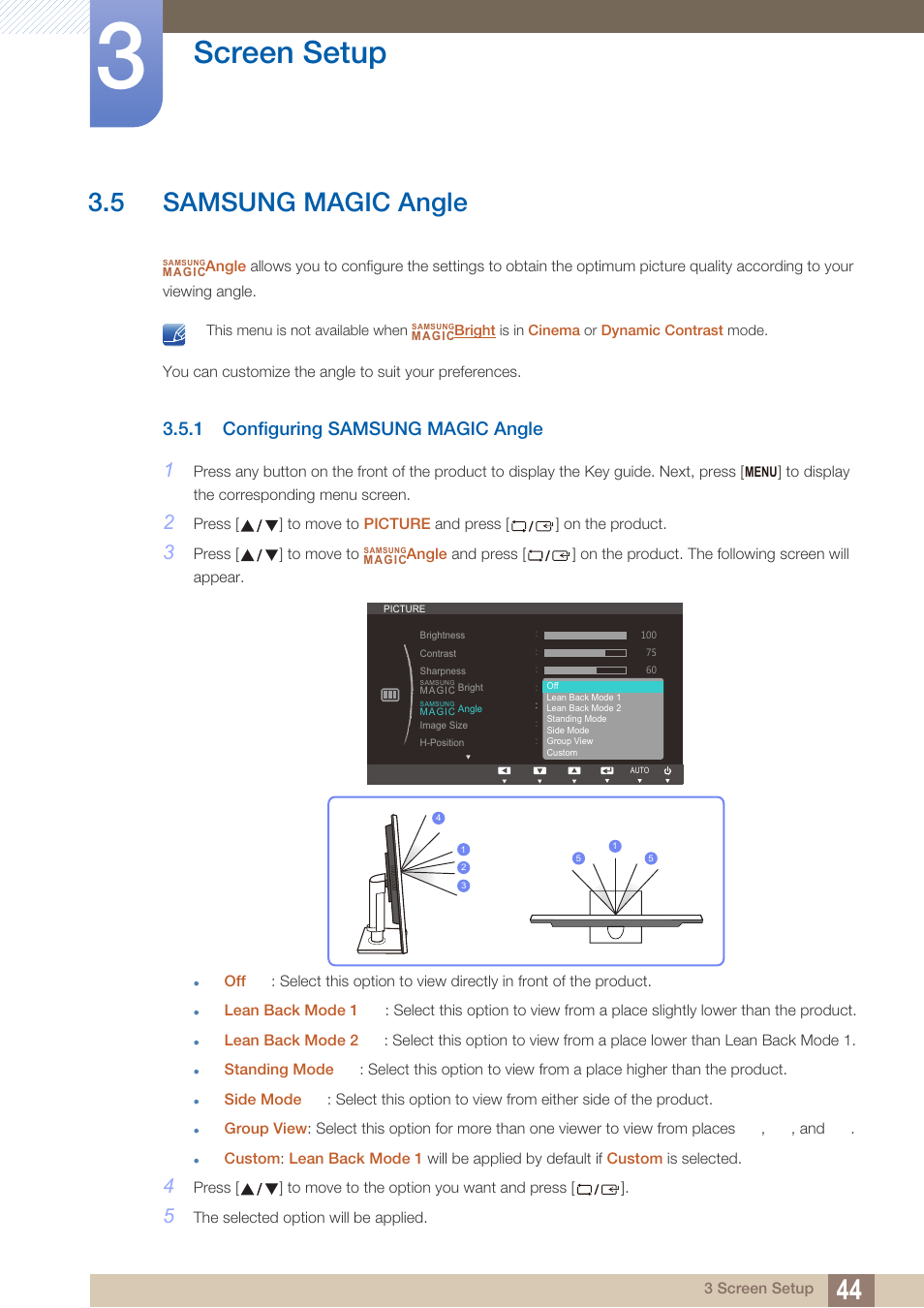 5 samsung magic angle, 1 configuring samsung magic angle, Samsung magic angle | Configuring samsung magic angle, Angle, Samsung, Magic, Screen setup | Samsung LS23C45KDSV-GO User Manual | Page 44 / 96