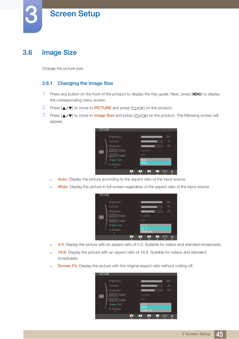 6 image size, 1 changing the image size, Image size | Changing the image size, Screen setup | Samsung LS23C45KDSV-GO User Manual | Page 45 / 96