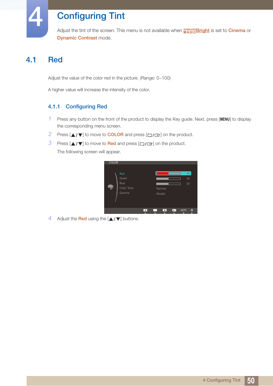 Configuring tint, 1 red, 1 configuring red | Configuring red | Samsung LS23C45KDSV-GO User Manual | Page 50 / 96