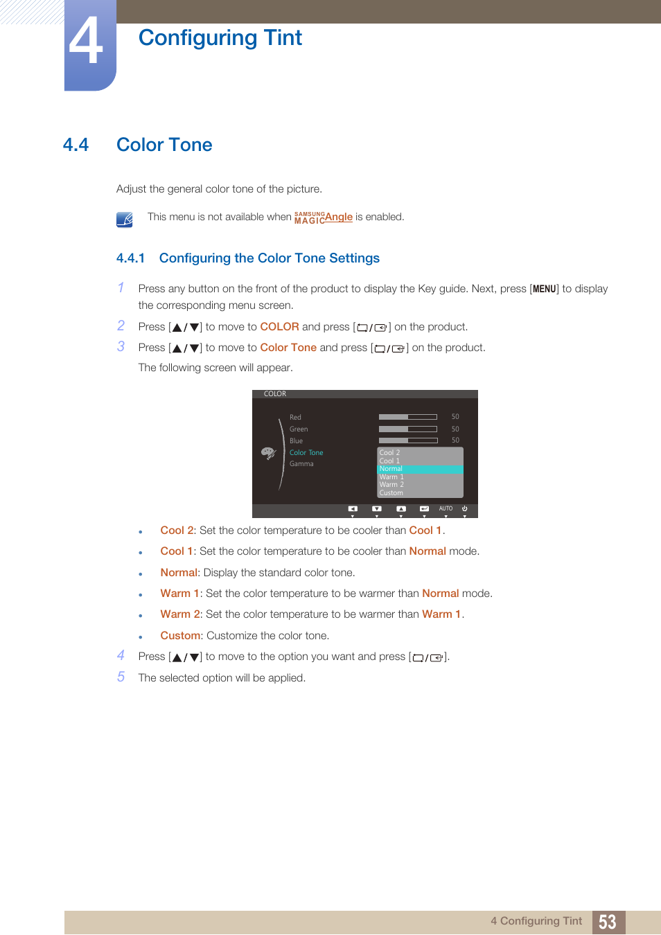 4 color tone, 1 configuring the color tone settings, Color tone | Configuring the color tone settings, Configuring tint | Samsung LS23C45KDSV-GO User Manual | Page 53 / 96