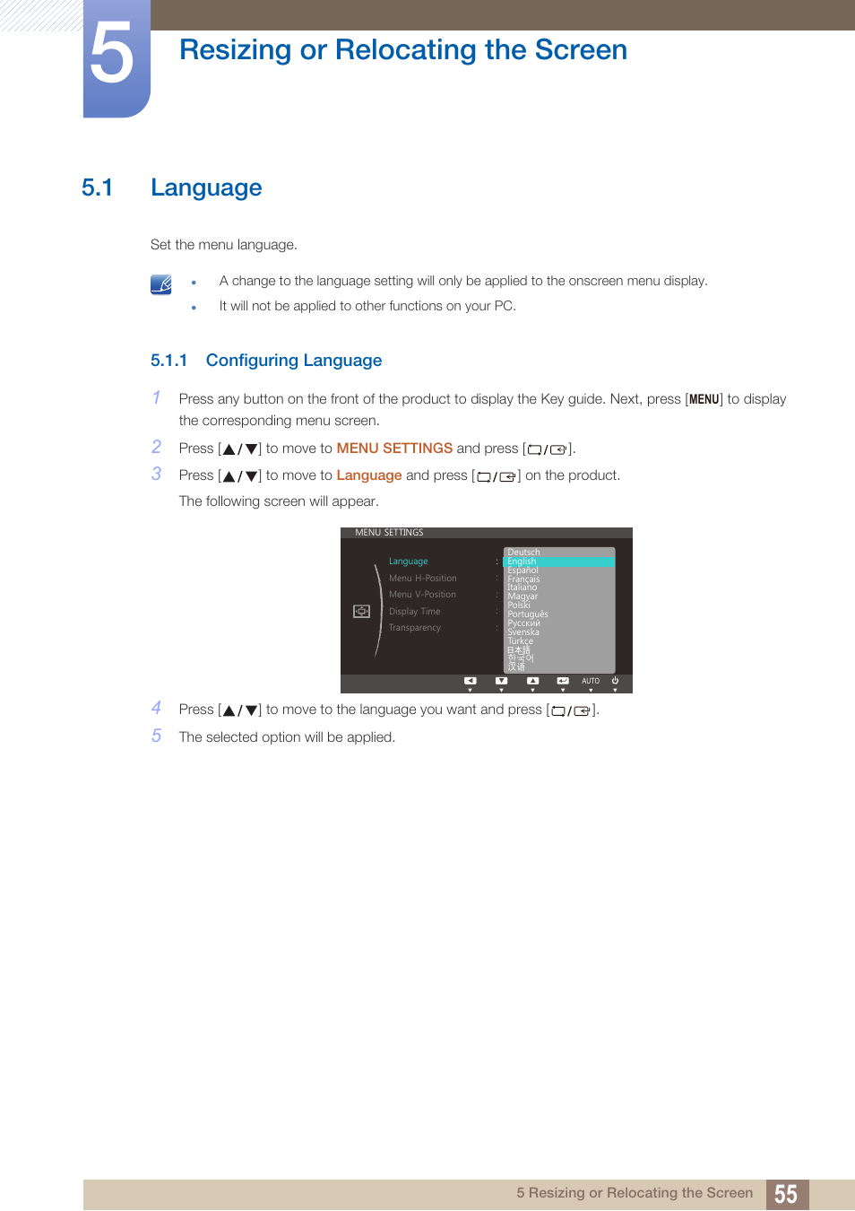 Resizing or relocating the screen, 1 language, 1 configuring language | Resizing or, Relocating the, Screen, Language, Configuring language | Samsung LS23C45KDSV-GO User Manual | Page 55 / 96