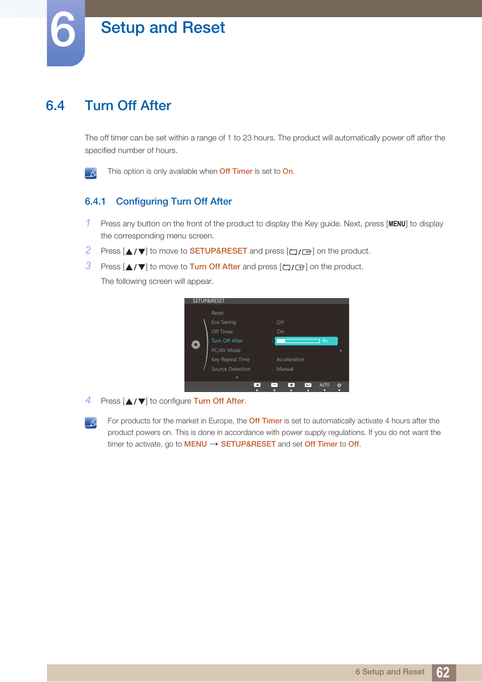 4 turn off after, 1 configuring turn off after, Turn off after | Configuring turn off after, Setup and reset | Samsung LS23C45KDSV-GO User Manual | Page 62 / 96