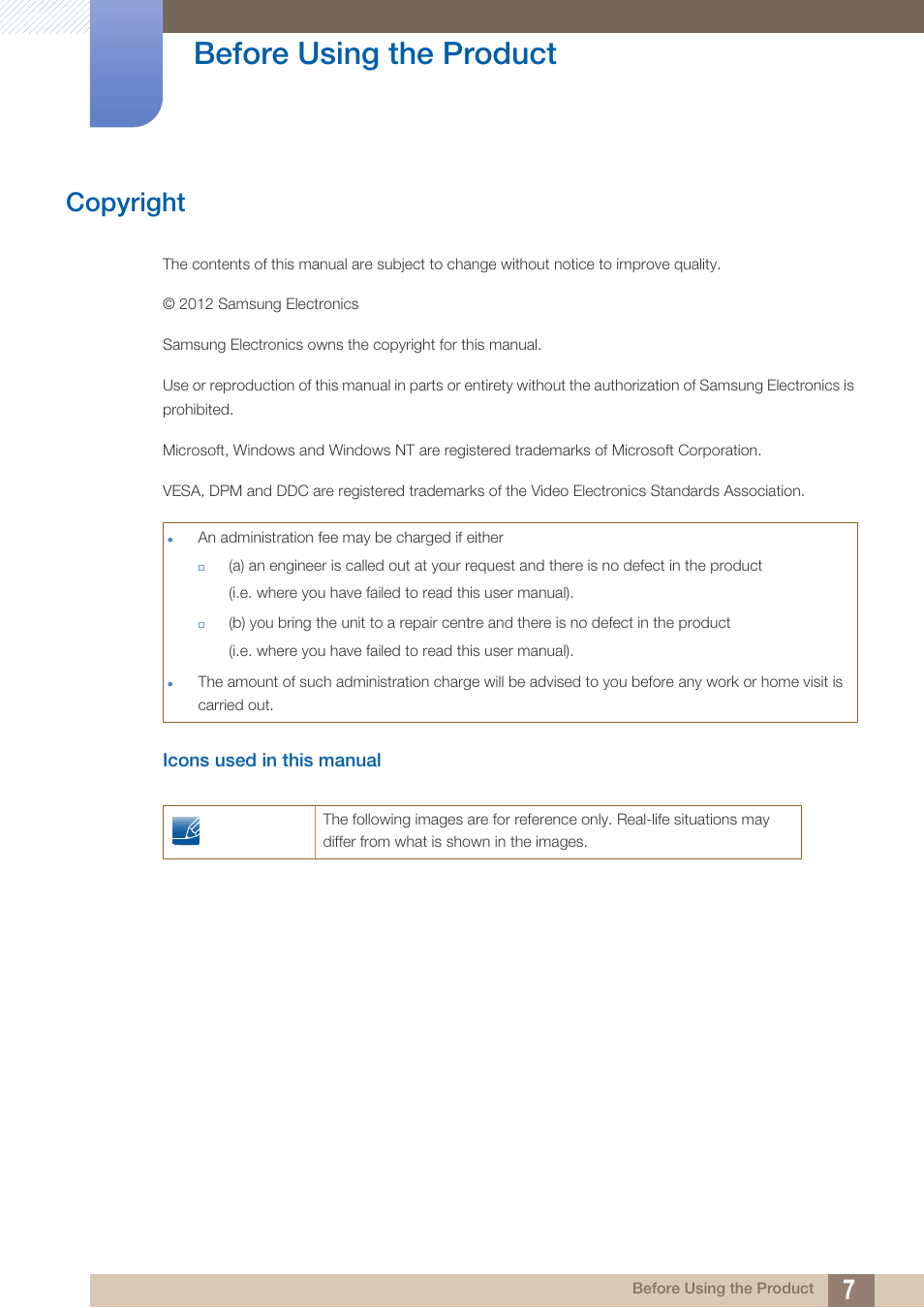 Before using the product, Copyright, Icons used in this manual | Before using the, Product | Samsung LS23C45KDSV-GO User Manual | Page 7 / 96