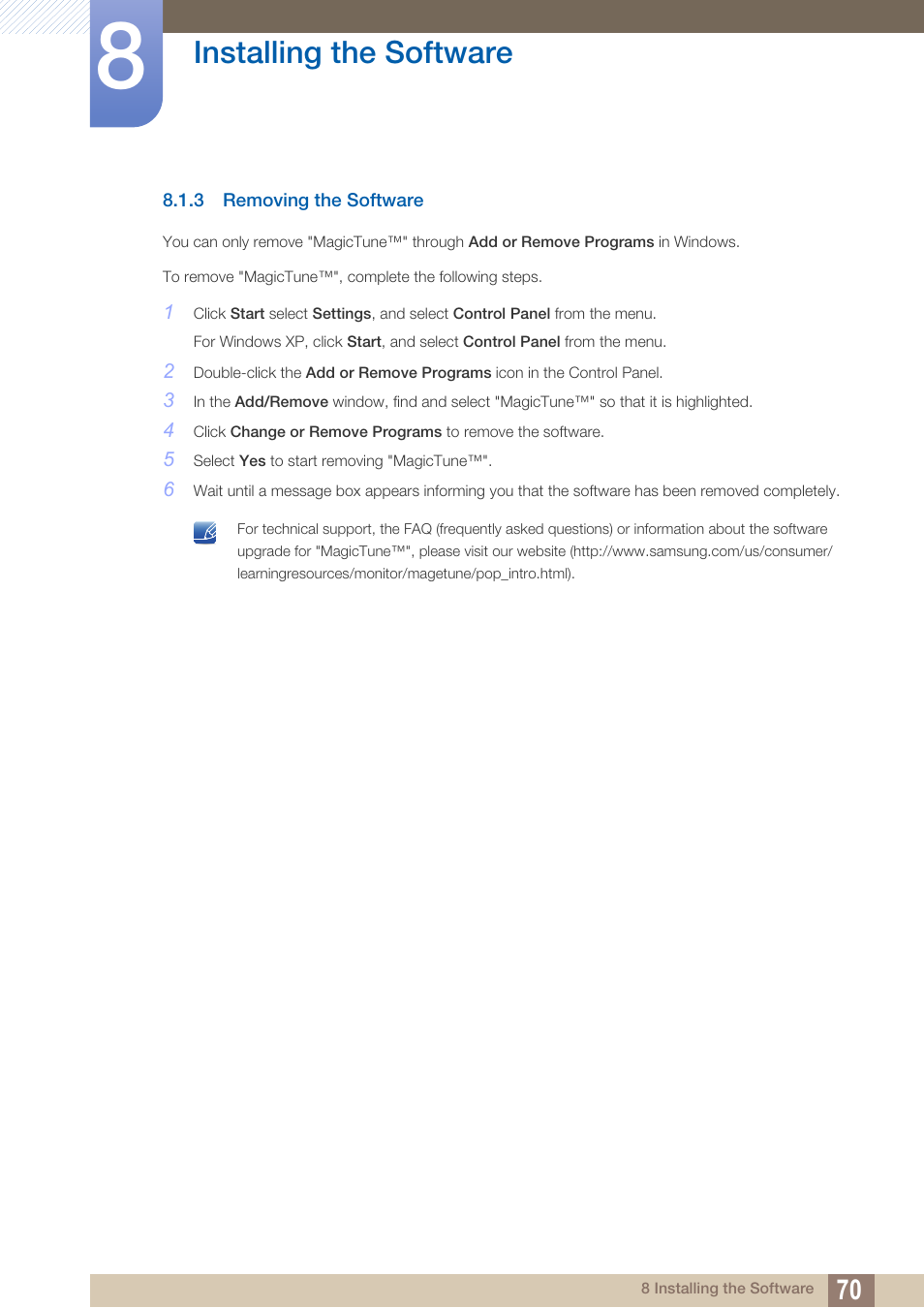3 removing the software, Removing the software, Installing the software | Samsung LS23C45KDSV-GO User Manual | Page 70 / 96