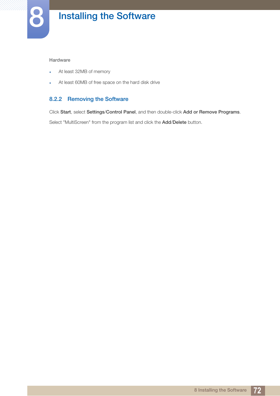 2 removing the software, Removing the software, Installing the software | Samsung LS23C45KDSV-GO User Manual | Page 72 / 96