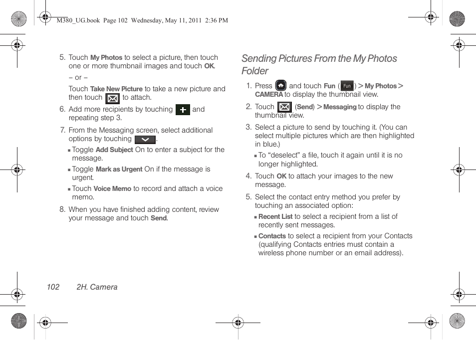 Sending pictures from the my photos folder | Samsung SPH-M380ZKASPR User Manual | Page 114 / 192