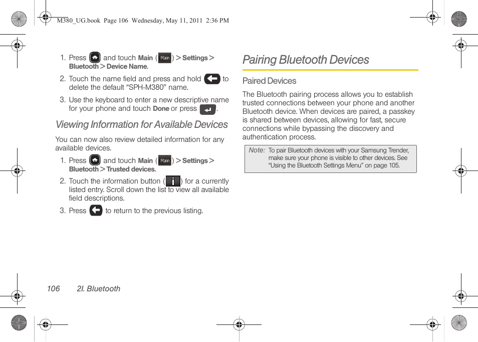 Viewing information for available devices, Pairing bluetooth devices, See “pairing bluetooth devices” on | Samsung SPH-M380ZKASPR User Manual | Page 118 / 192