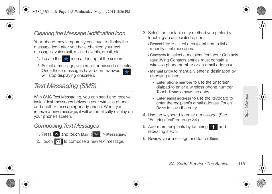 Clearing the message notification icon, Text messaging (sms), Composing text messages | Samsung SPH-M380ZKASPR User Manual | Page 127 / 192