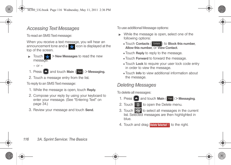 Accessing text messages, Deleting messages | Samsung SPH-M380ZKASPR User Manual | Page 128 / 192