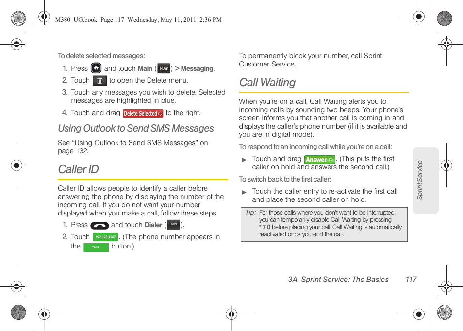 Using outlook to send sms messages, Caller id, Call waiting | Samsung SPH-M380ZKASPR User Manual | Page 129 / 192