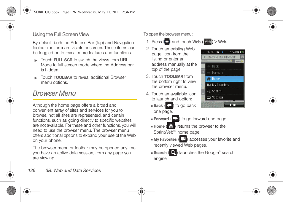 Browser menu | Samsung SPH-M380ZKASPR User Manual | Page 138 / 192