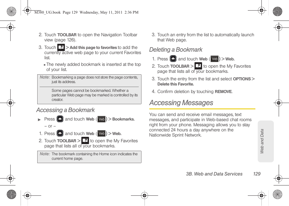 Accessing a bookmark, Deleting a bookmark, Accessing messages | Samsung SPH-M380ZKASPR User Manual | Page 141 / 192