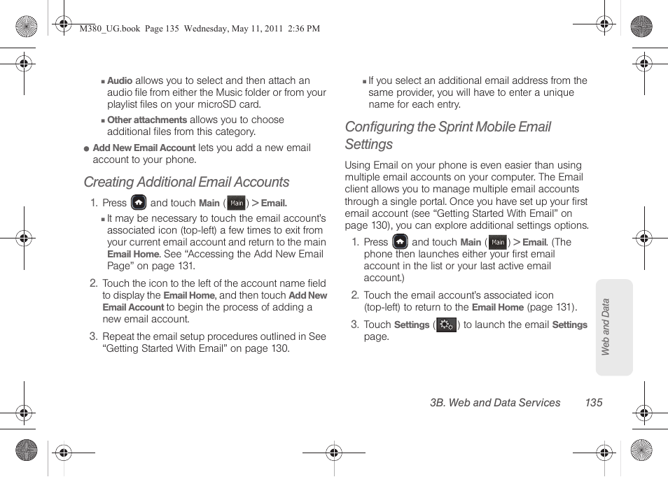 Creating additional email accounts, Configuring the sprint mobile email settings | Samsung SPH-M380ZKASPR User Manual | Page 147 / 192