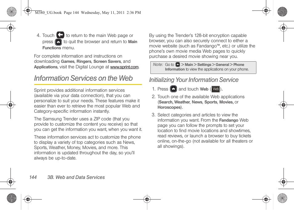 Information services on the web, Initializing your information service | Samsung SPH-M380ZKASPR User Manual | Page 156 / 192