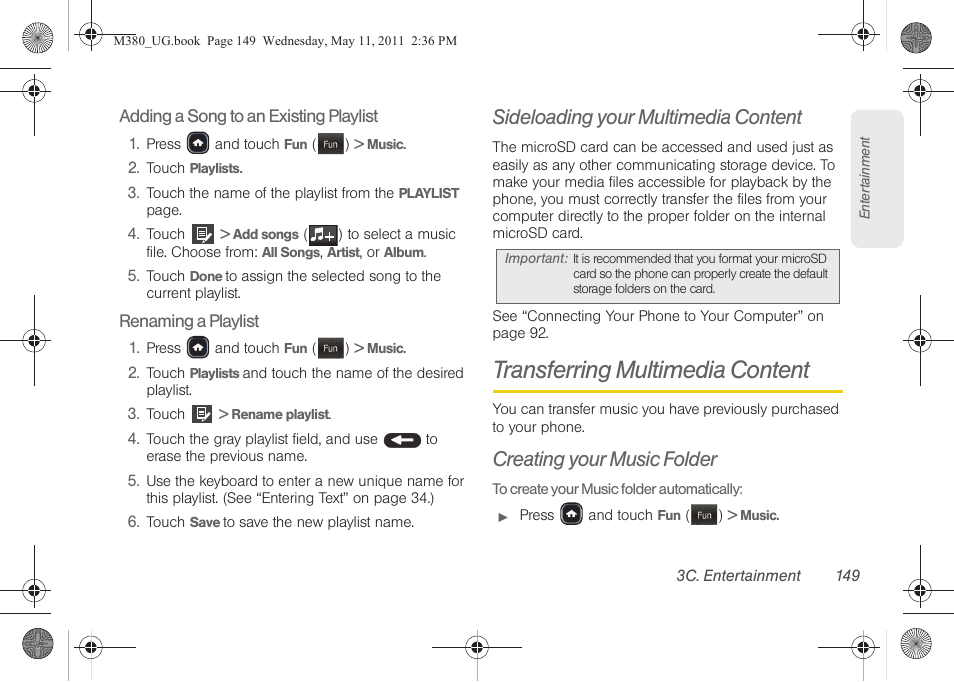 Sideloading your multimedia content, Transferring multimedia content, Creating your music folder | Samsung SPH-M380ZKASPR User Manual | Page 161 / 192