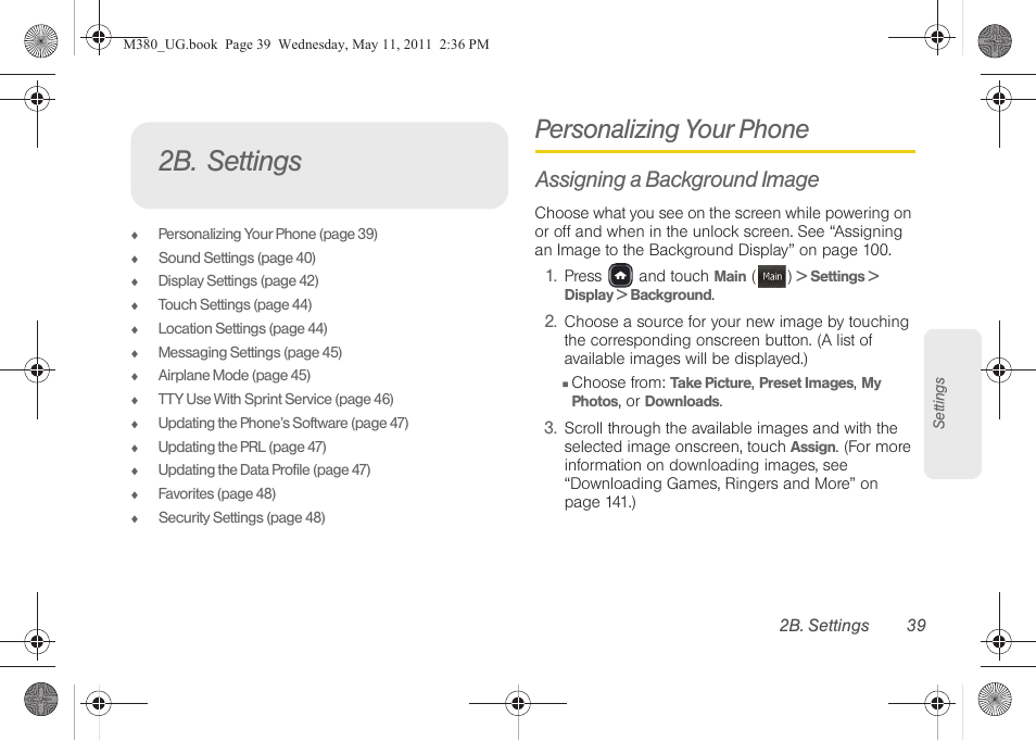 2b. settings, Personalizing your phone, Assigning a background image | Samsung SPH-M380ZKASPR User Manual | Page 51 / 192